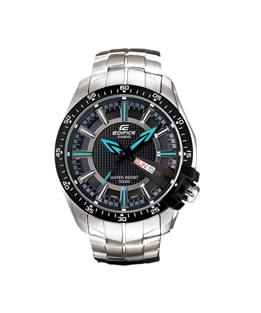 A Casio Edifice EF-130D-1A2VUDF analog watch with a stainless steel band and case, featuring a black dial with blue accents and a date display.