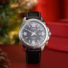 CASIO MTP‑1314L Series Men’s Analog Watch – 50m Water Resistant, Date Display, Ion‑Plated Case, Genuine Leather Band