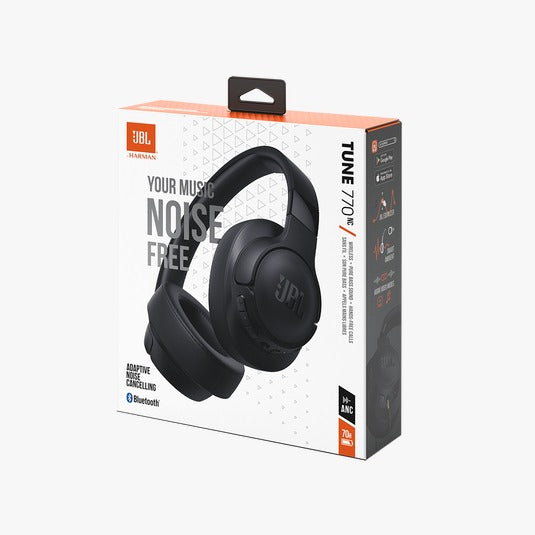 Boxed JBL TUNE 770NC Wireless Over-Ear Headphones in black color displayed against a white background.