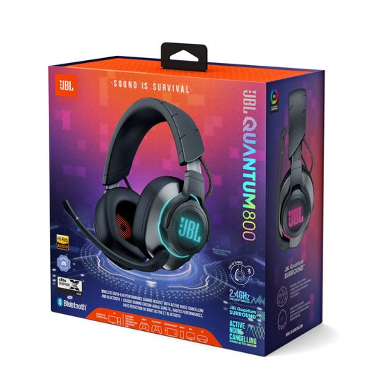 Boxed JBL Quantum 800 wireless over-ear gaming headset with active noise cancellation, featuring black color with green and orange accents and a microphone.