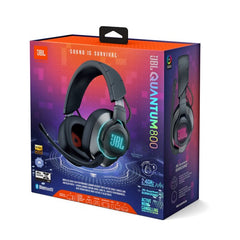 Boxed JBL Quantum 800 wireless over-ear gaming headset with active noise cancellation, featuring black color with green and orange accents and a microphone.