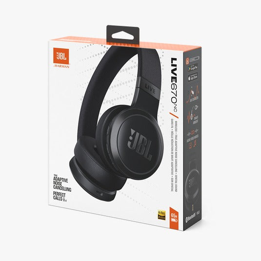 JBL LIVE 670NC ON-EAR BLUETOOTH HEADPHONES packaging showing the headphones in black color with noise(canceling) and smart ambient features highlighted.