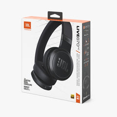 JBL LIVE 670NC ON-EAR BLUETOOTH HEADPHONES packaging showing the headphones in black color with noise(canceling) and smart ambient features highlighted.