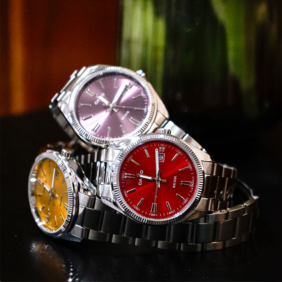 CASIO MTP-1302PD Series Men’s Analog Watch – Stainless Steel Bracelet, Coin-Edge Bezel, Date Window, Quartz, Mineral Glass, 50M Water Resistant – Multiple Dial Colors - THE HAPPY BUY