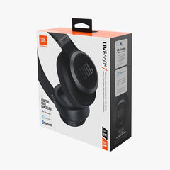 Box packaging of JBL LIVE 660NC WIRELESS OVER-EAR NC HEADPHONE featuring the headphones in black color.