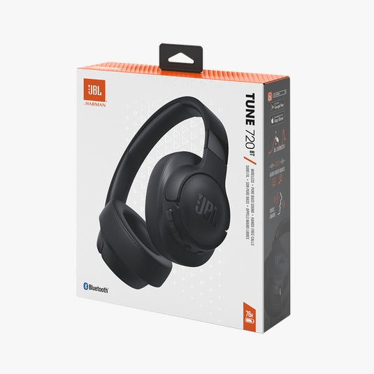 Box packaging of JBL TUNE 720BT wireless over-ear headphones in black color with the product visible on the front.