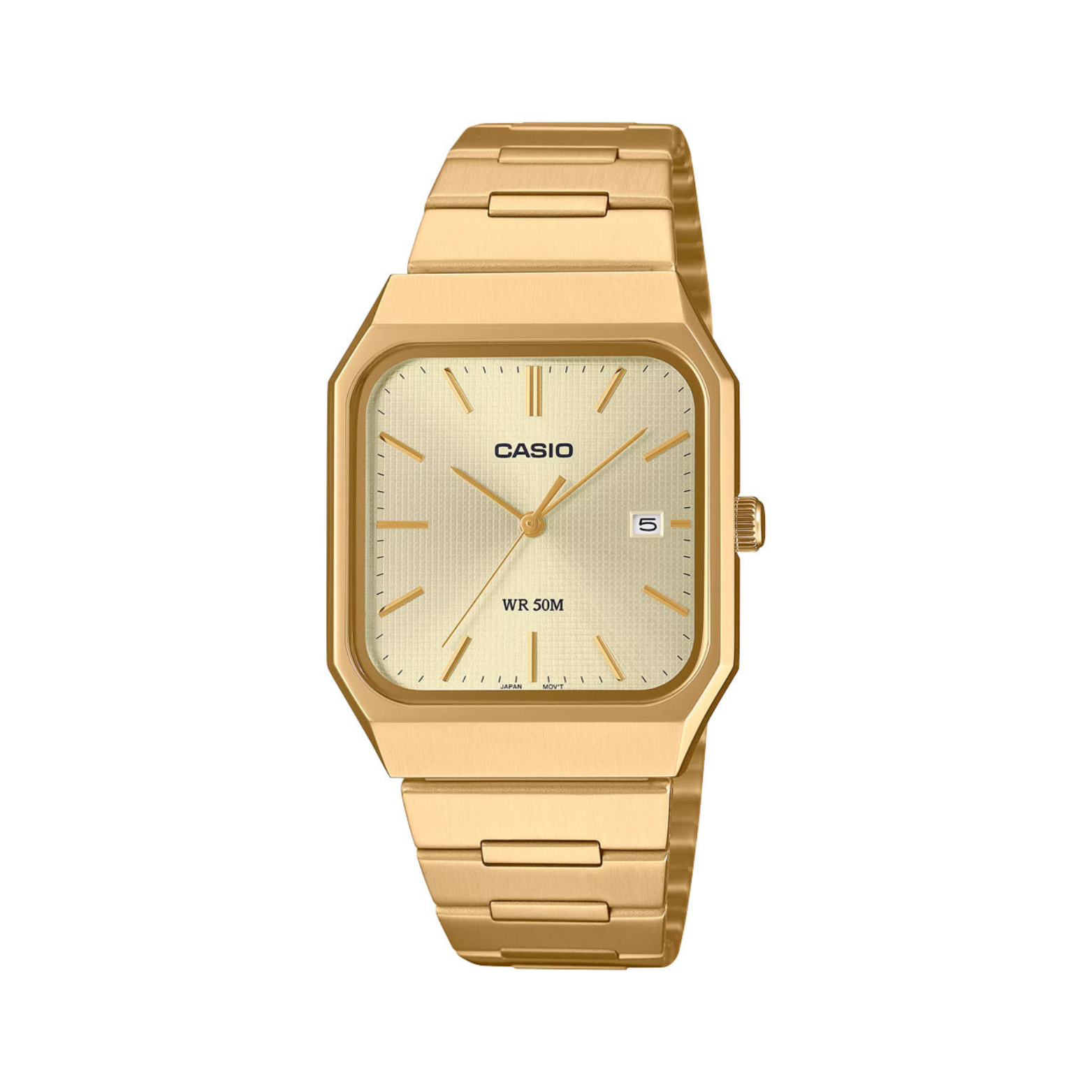 Gold Casio watch on a white background