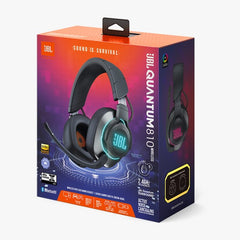 Box packaging of JBL QUANTUM 810 WIRELESS NC OVER-EAR GAMING HEADSET with the headset displayed on the front.