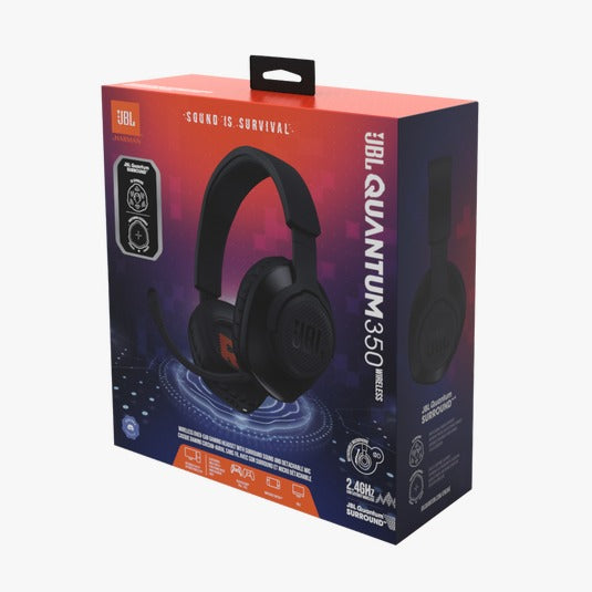 Box packaging of JBL QUANTUM 350 WIRED OVER-EAR GAMING HEADPHONE with the headset displayed on the front.