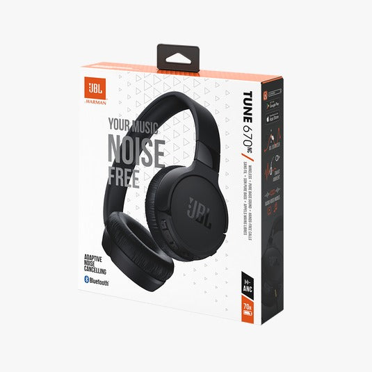 JBL TUNE 670NC Wireless Over-Ear Headphones in black color, displayed in its packaging which has 'Your music, noise free' text and indicates Bluetooth connectivity.