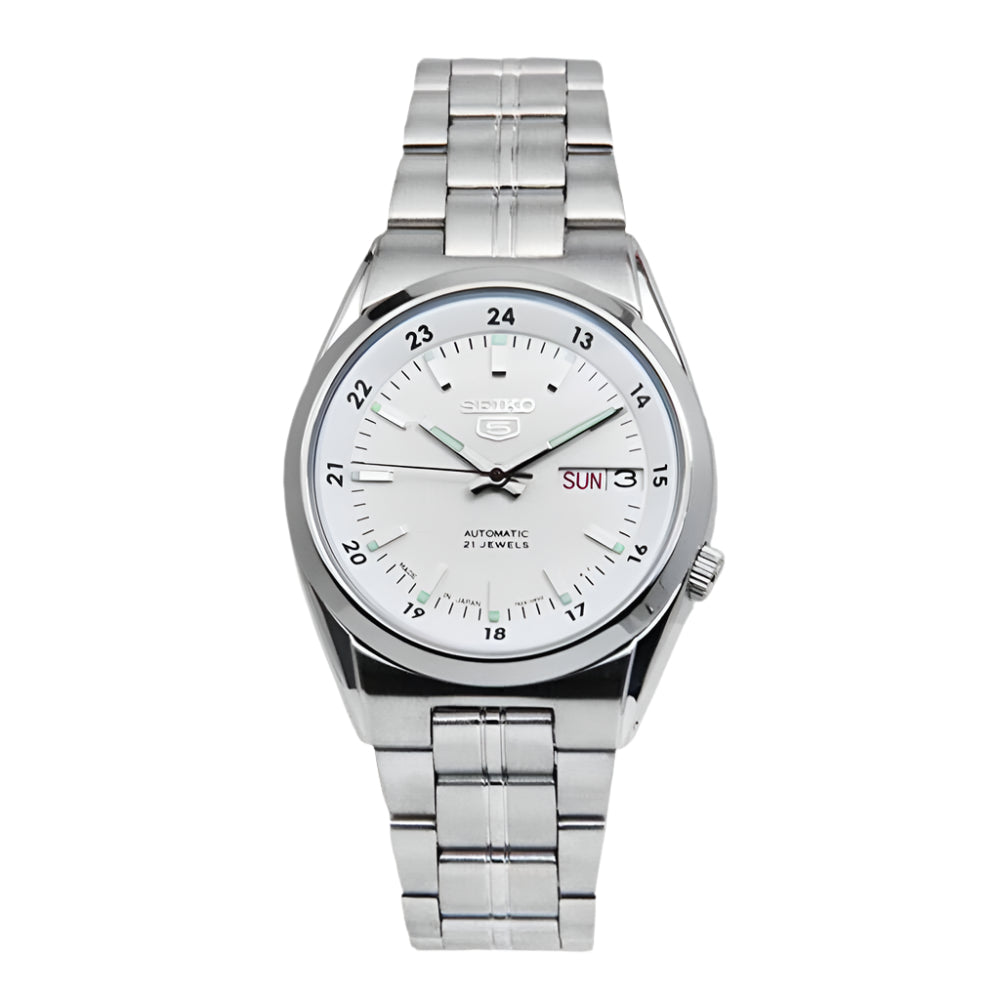 SEIKO SNK559J1 – Japan-Made Automatic Watch – 36mm Stainless Steel Case – White Dial with Day/Date Function – 30M Water Resistance - THE HAPPY BUY