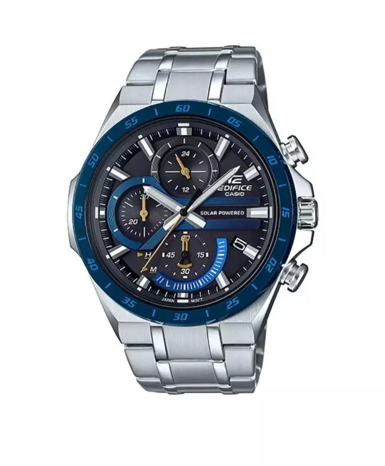 A Casio Edifice EQS-920DB-2AVUDF watch with a stainless steel band and blue ion plated bezel.