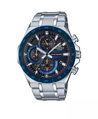 A Casio Edifice EQS-920DB-2AVUDF watch with a stainless steel band and blue ion plated bezel.