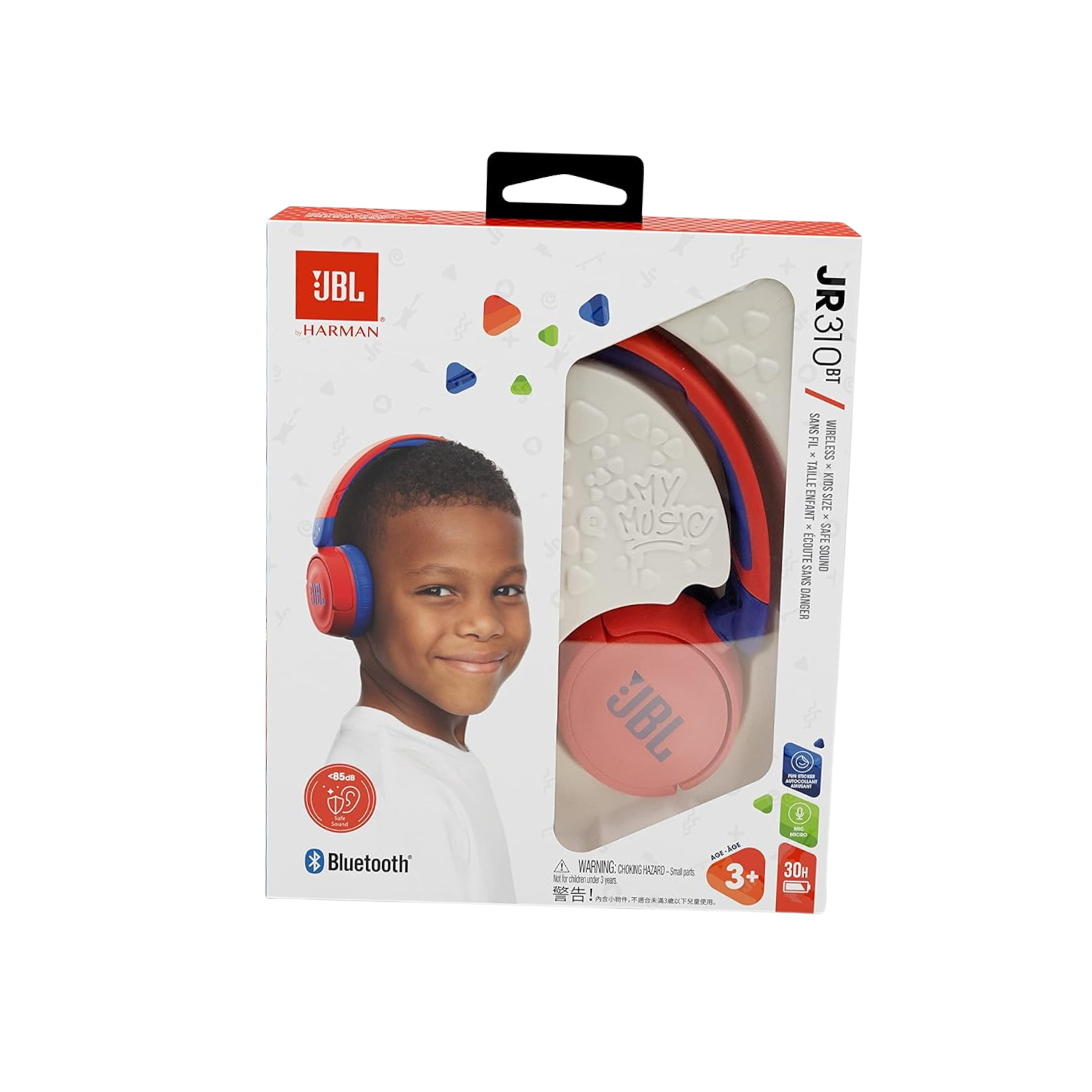 JBL JR310BT Kids Wireless On-Ear Headphones in red color, displayed in its packaging which includes a child wearing the headphones.