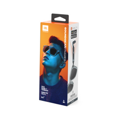 Box packaging of JBL Soundgear smart frame glasses with a image of a man wearing the glasses on the front.