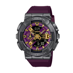 A Casio G-Shock watch with a gray ion plated bezel, purple band, and digital display.