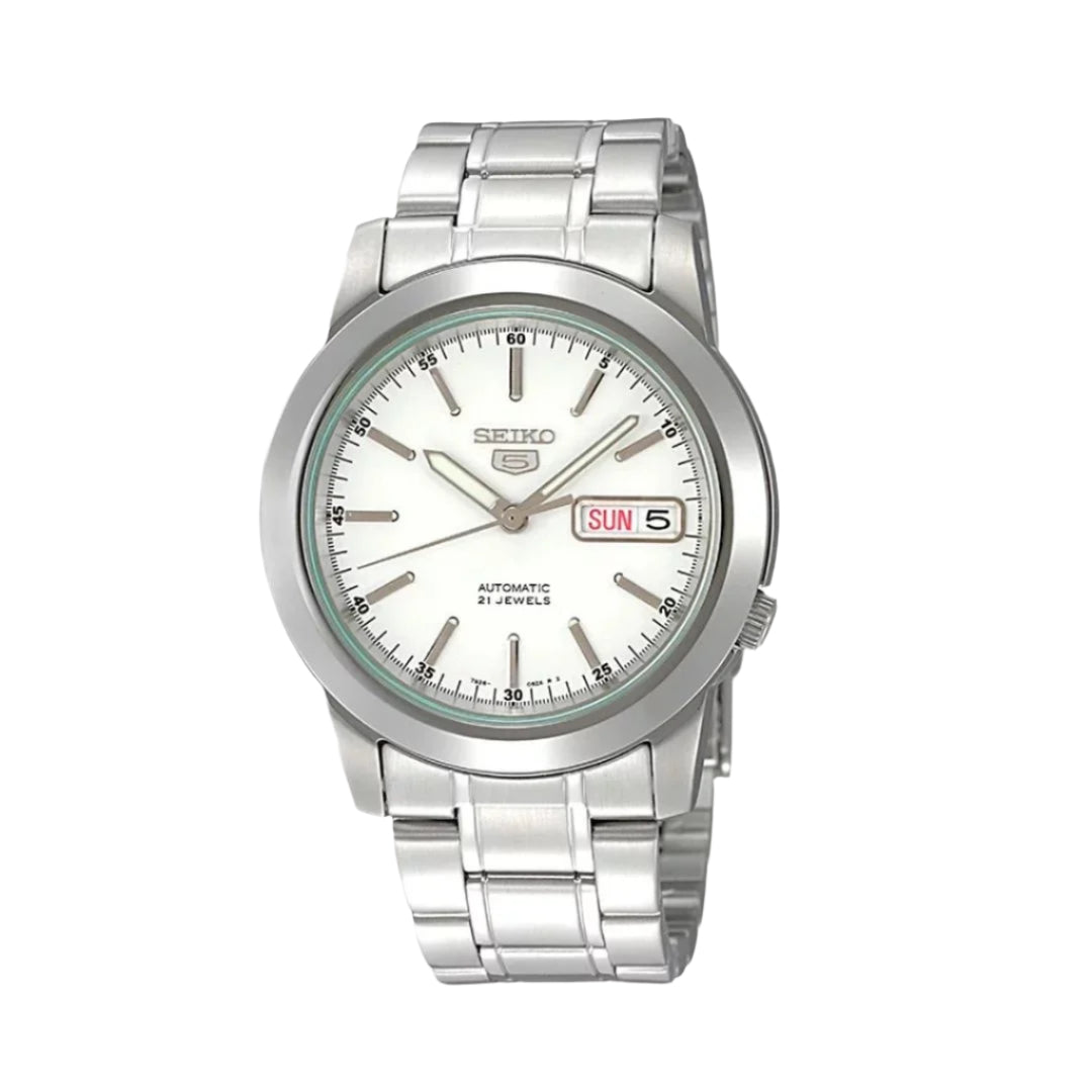 A silver Seiko watch with a white dial and a metal band.