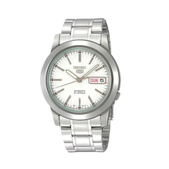 A silver Seiko watch with a white dial and a metal band.