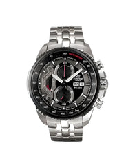 A Casio Edifice EF-558D-1AVUDF model watch with a stainless steel band and a black dial featuring a tachymeter, retrograde dial, and a screw lock crown.