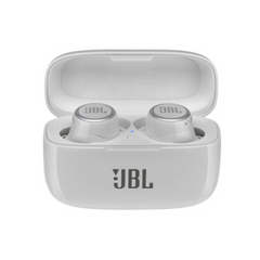 JBL wireless earbuds in a white charging case on a white background