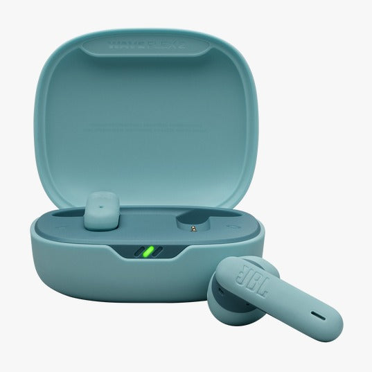 Teal wireless earbuds with charging case on a white background
