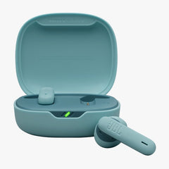 Teal wireless earbuds with charging case on a white background