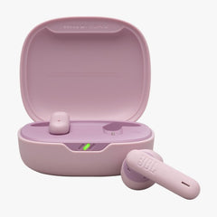 Pink wireless earbuds with charging case on a white background
