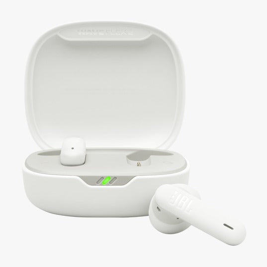 White wireless earbuds with charging case on a white background