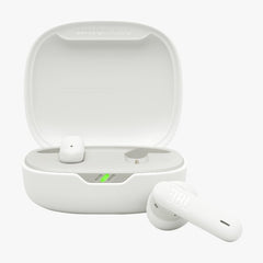 White wireless earbuds with charging case on a white background
