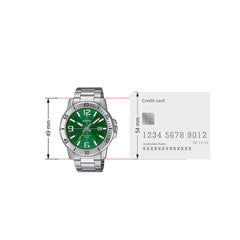Casio MTP‑VD01D‑3BVUDF Men’s Analog Watch – Green Dial, Stainless Steel, 50 m Water Resistant, Date Display