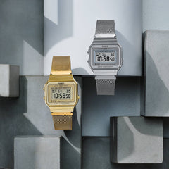 CASIO A700WM-7A Vintage Digital Watch – Unisex Silver Stainless Steel Mesh (Milanese), Ultra-Slim Retro, LED Light, Alarm, Stopwatch, Water Resistant, Quartz
