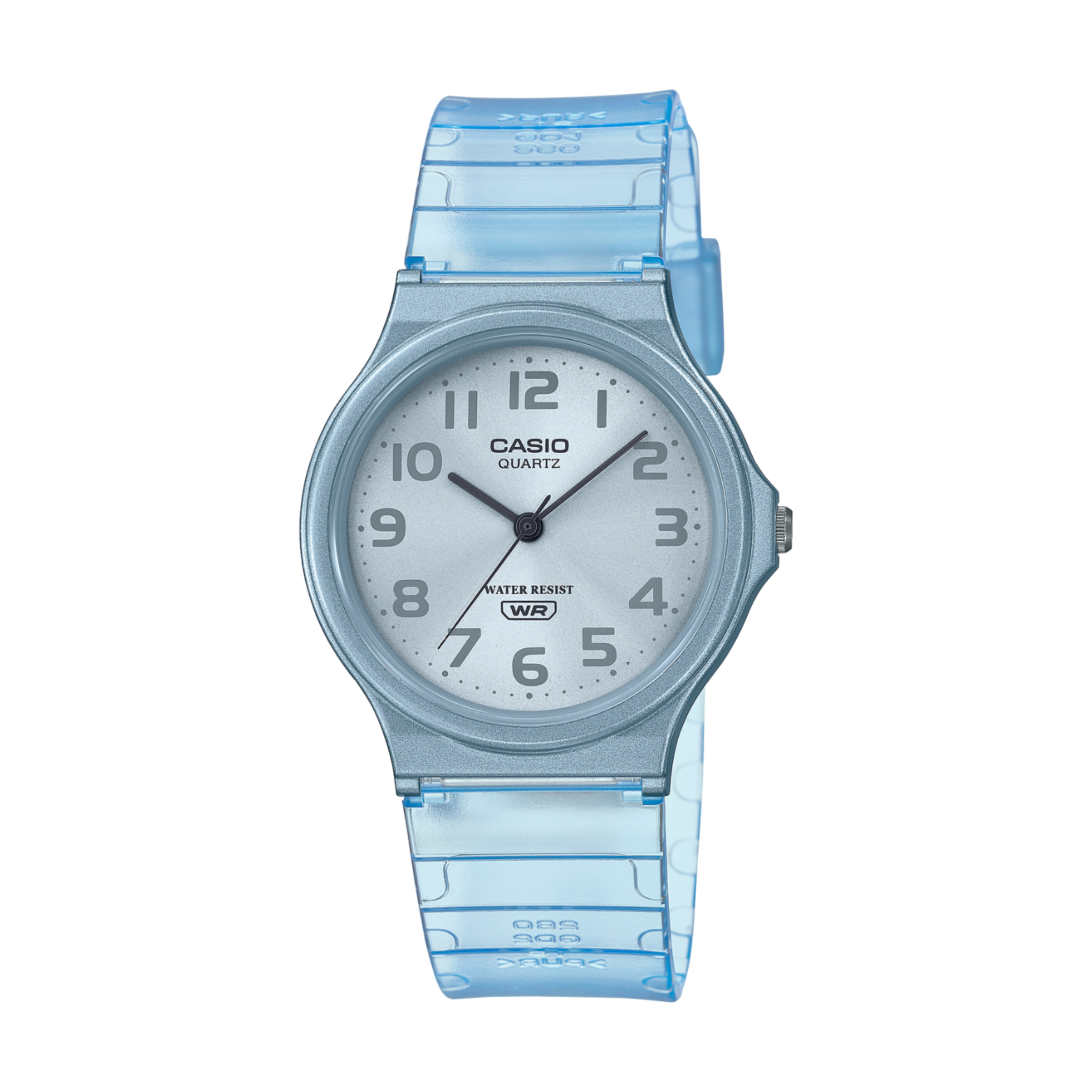 Sky Blue Casio watch with a clear strap on a white background