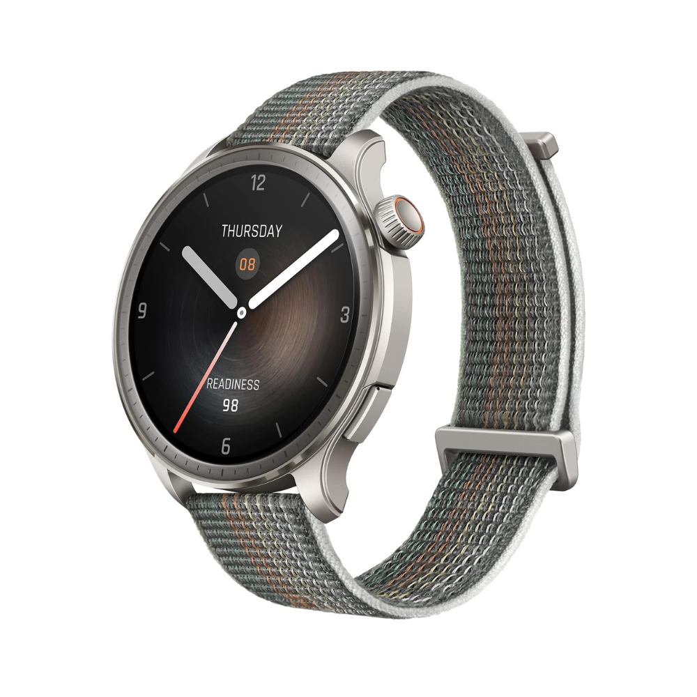 Smartwatch with a gray woven strap on a white background