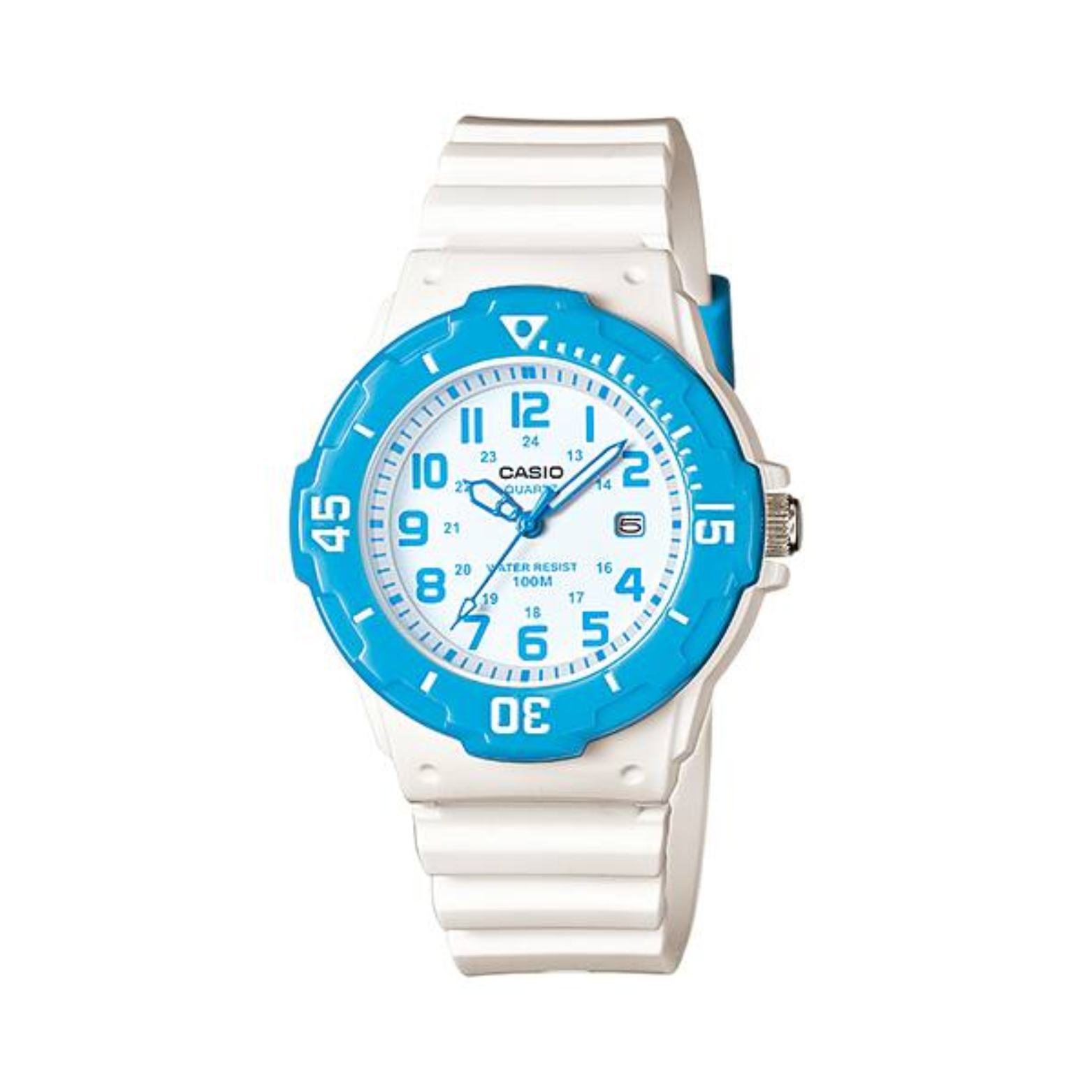 Casio watch with blue face and white band on a white background