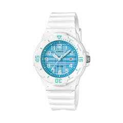 White Casio watch with blue plaid pattern on a white background