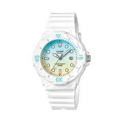 White Casio watch with a gradient blue and yellow face on a white background