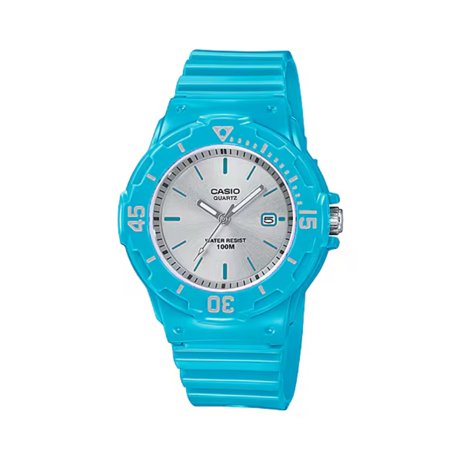 Blue Casio watch with a white face on a white background