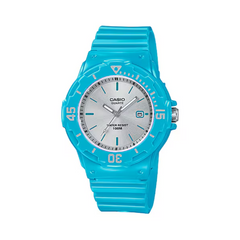 Blue Casio watch with a white face on a white background