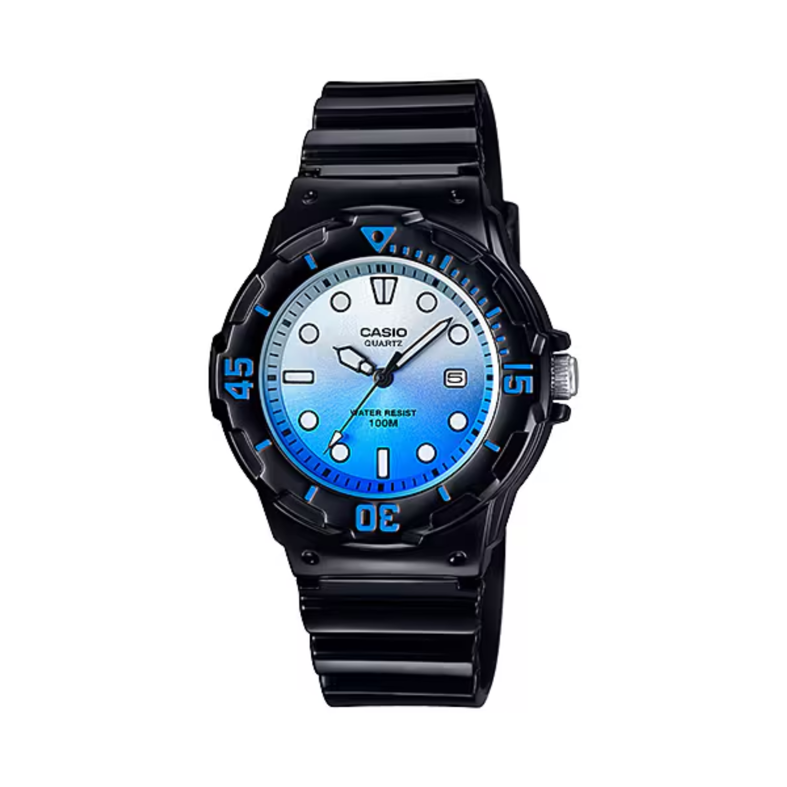 Black Casio watch with blue gradient dial on a white background