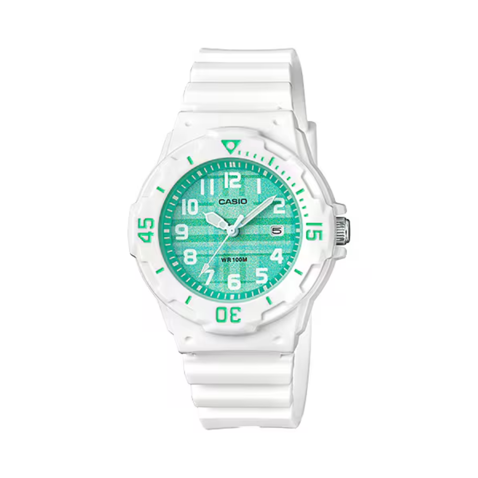 White Casio watch with green face on a white background