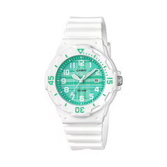 White Casio watch with green face on a white background