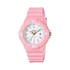 Pink Casio watch with colorful numbers on a white background