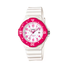 White watch with pink face on a white background