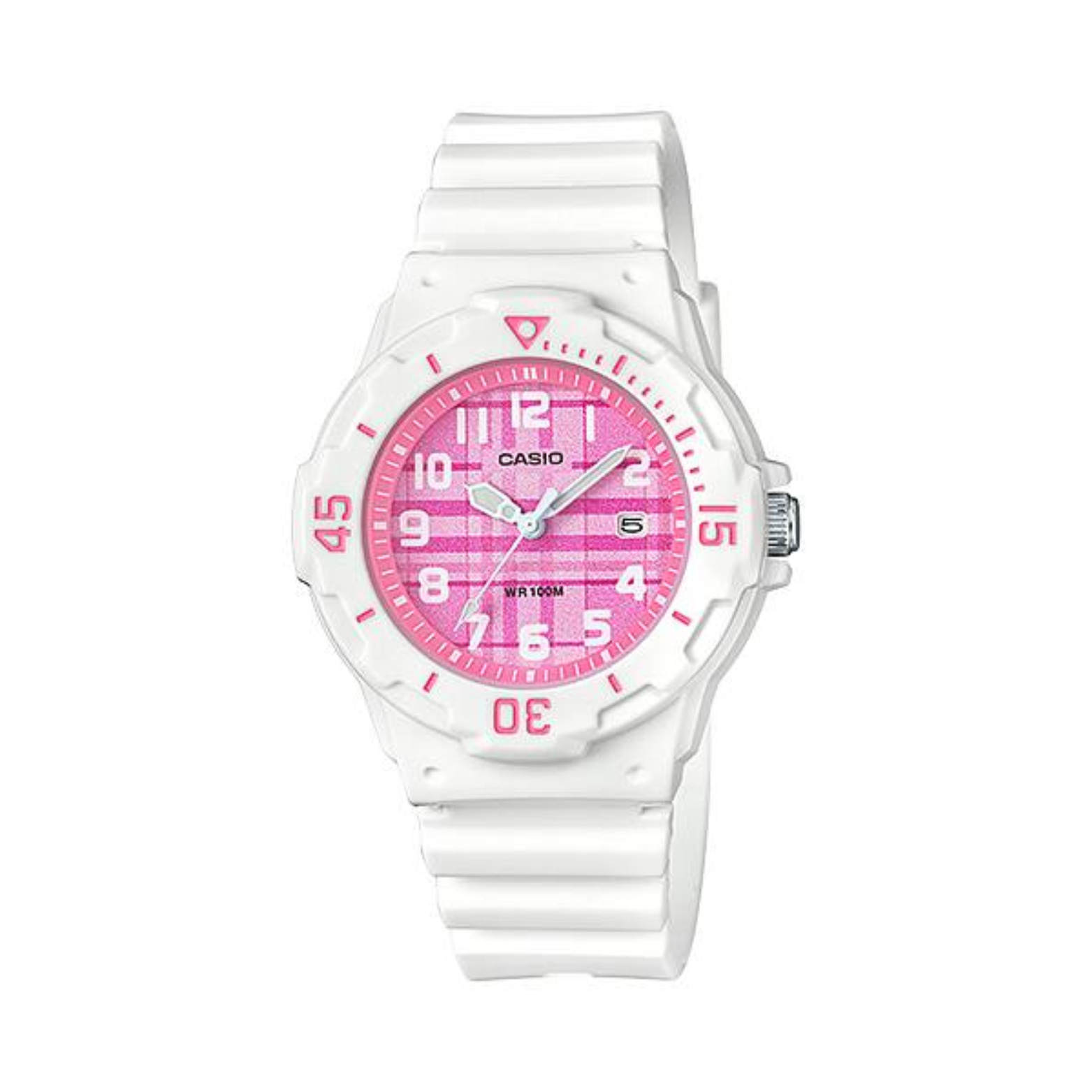 White Casio watch with pink face on a white background