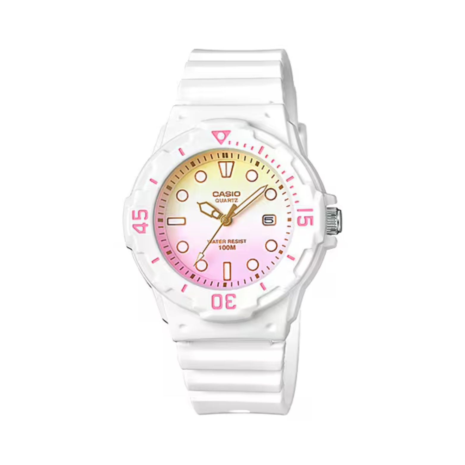White Casio watch with pink and gold accents on a white background