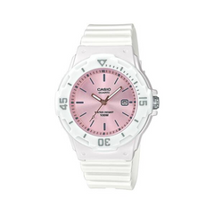 Casio watch with pink dial and white strap on a white background