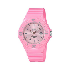 Pink Casio watch on a white background
