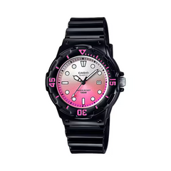 Casio watch with black strap and pink gradient dial on a white background