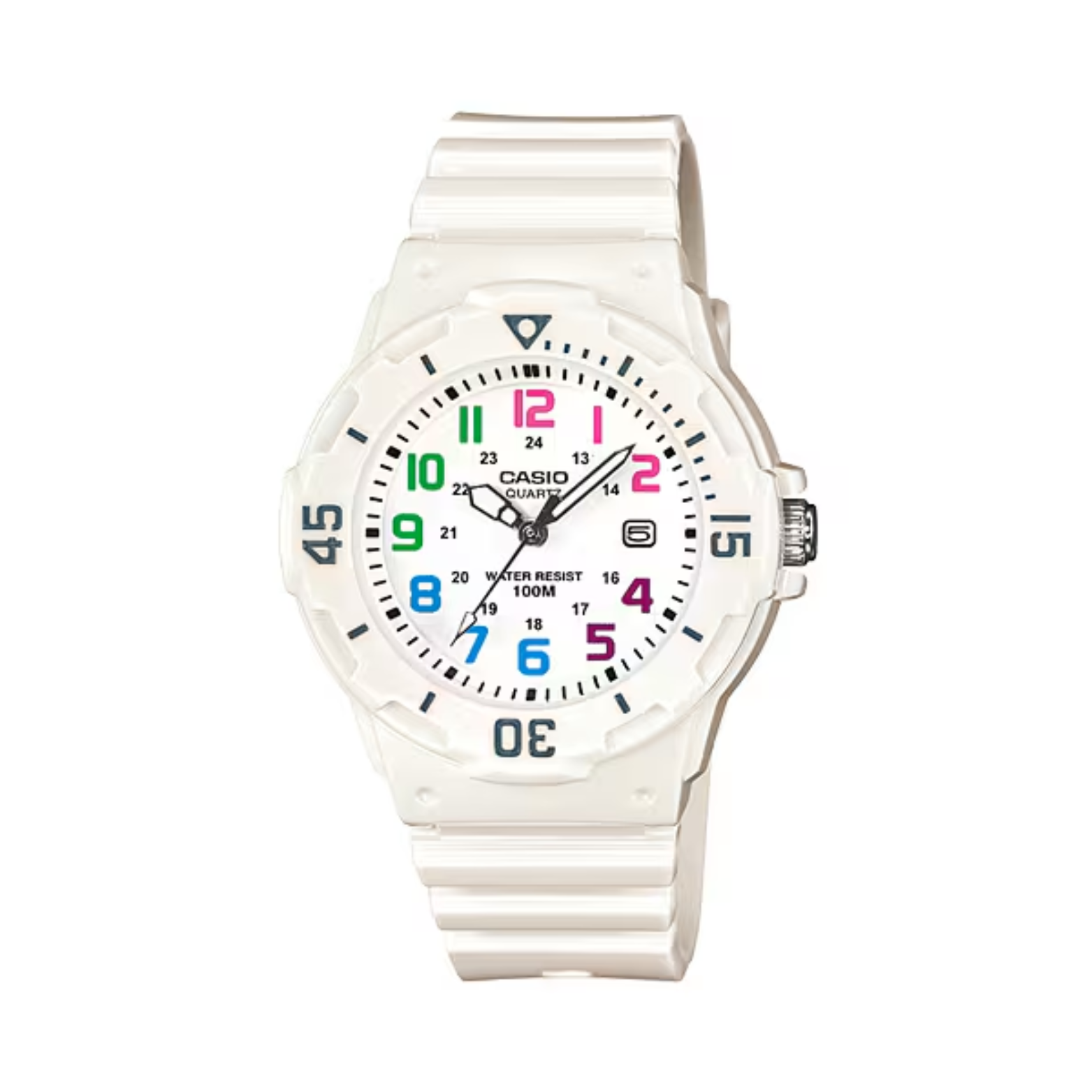 White Casio watch with colorful numbers on a white background