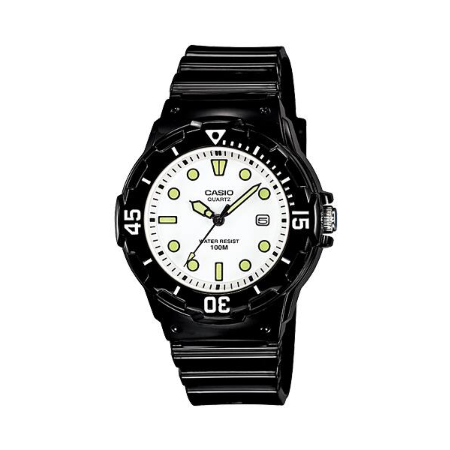 Black Casio watch with a white face on a white background